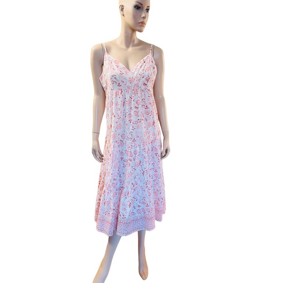 Aqua Midi Dress Size Large Made in India 100% Cotton Smocked Back Panel Lined - Picture 4 of 10